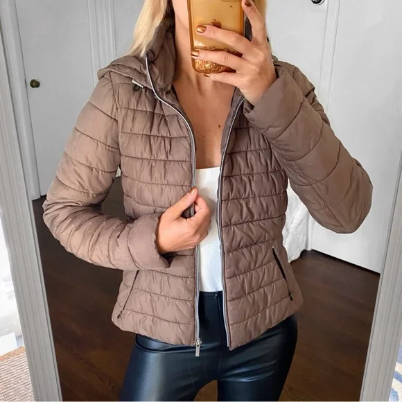 🍂 ZARA TAUPE HOODED PUFFER JACKET! - Picture 6 of 16